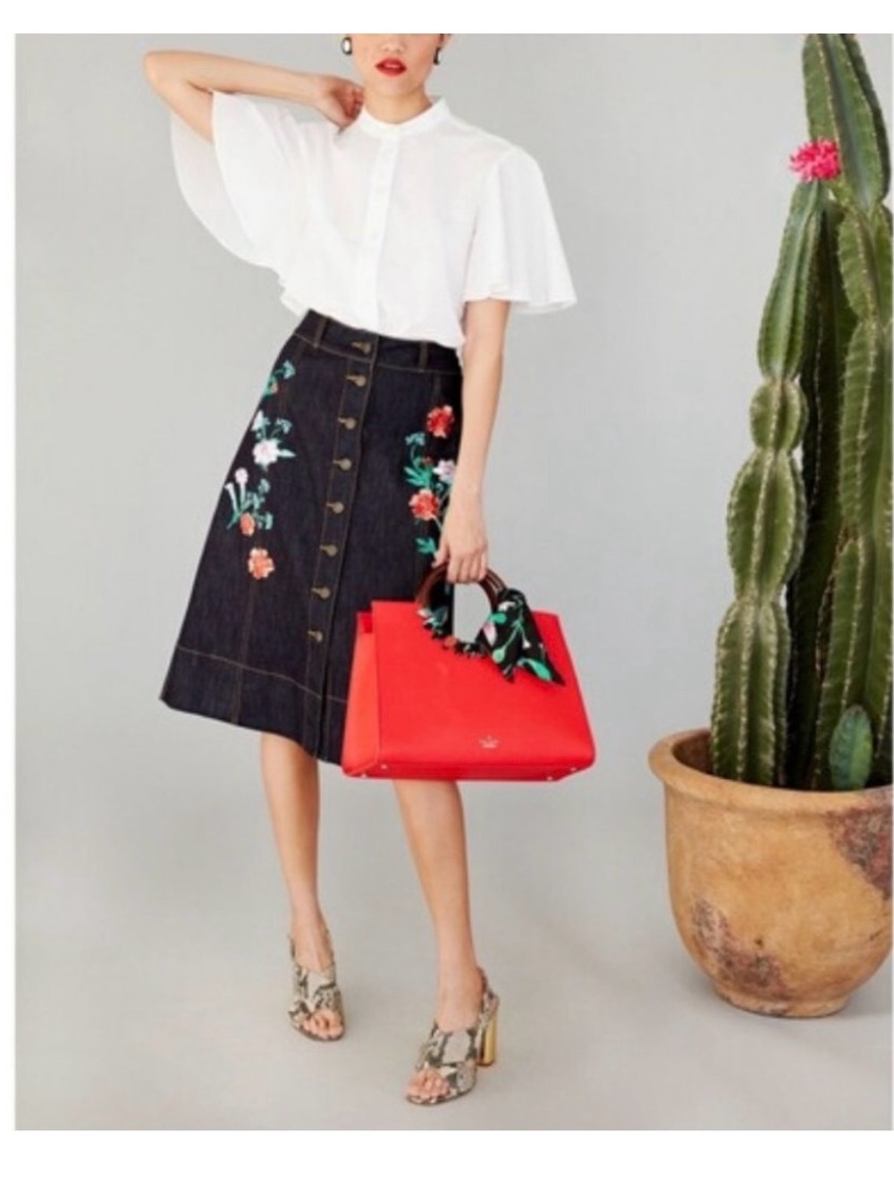 kate spade Dark Denim Midi Skirt with Floral Embroidery